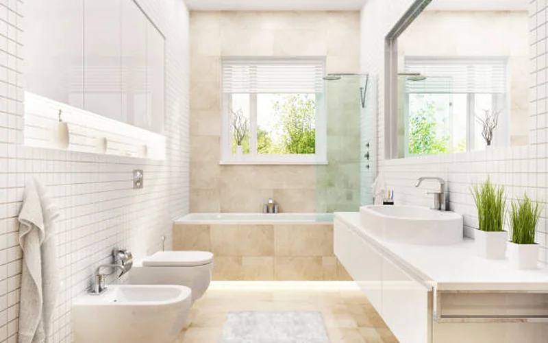Salle de bain carrelée grand format avec vasque